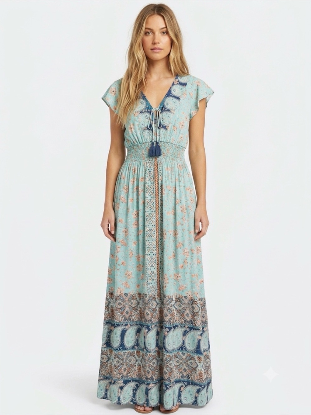 Nostalgia Aqua Floral Maxi Dress with Navy Trim